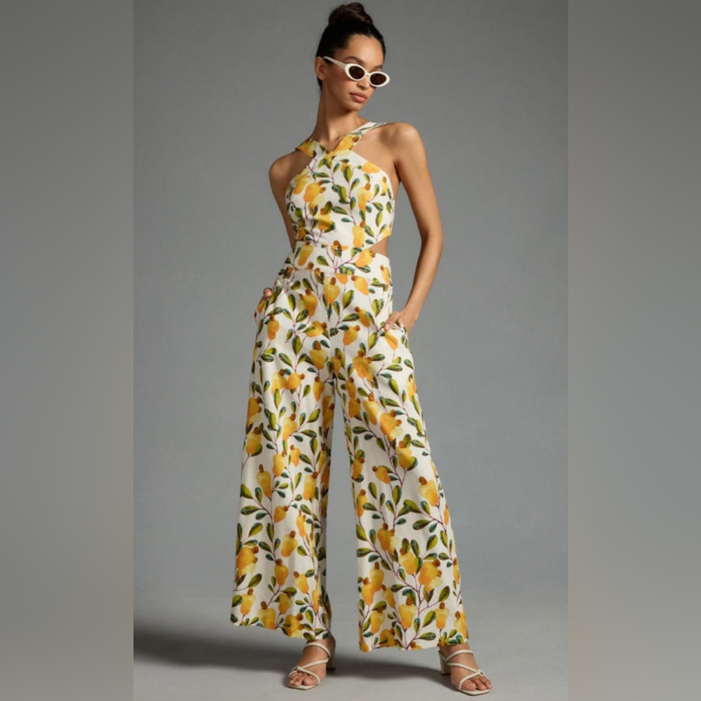 Farm Rio x Anthropologie Halter Cutout Wide-Leg Jumpsuit